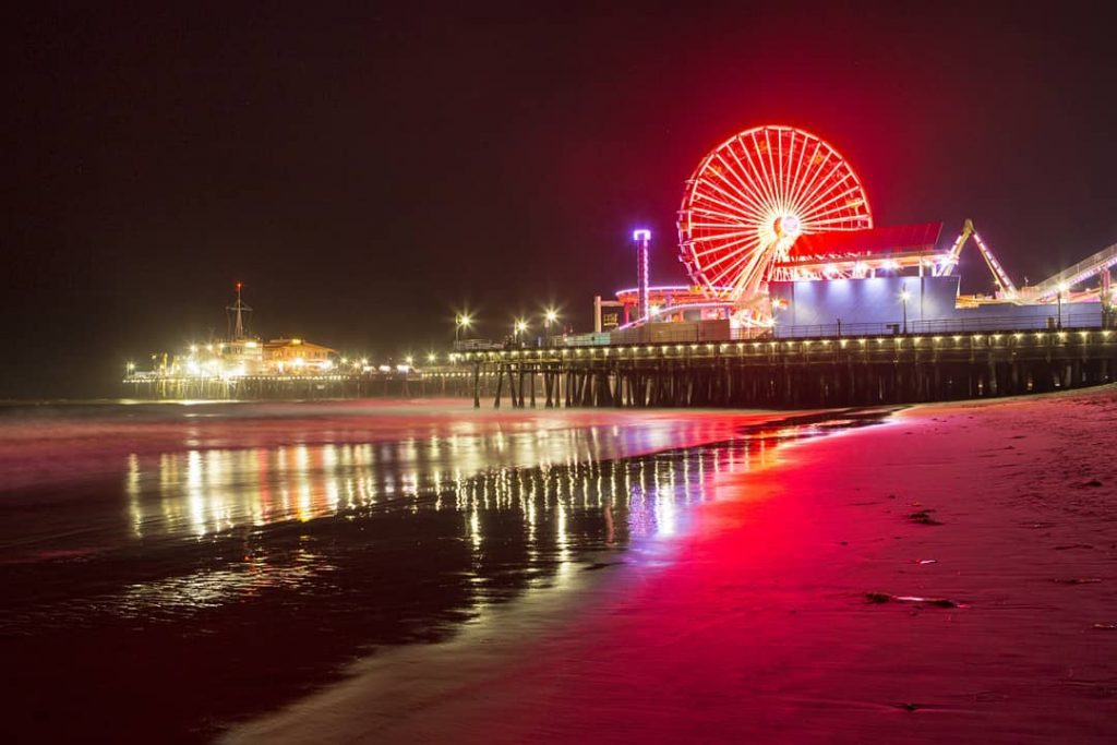 Santa Monica Pier Ferris Wheel Lit in Red