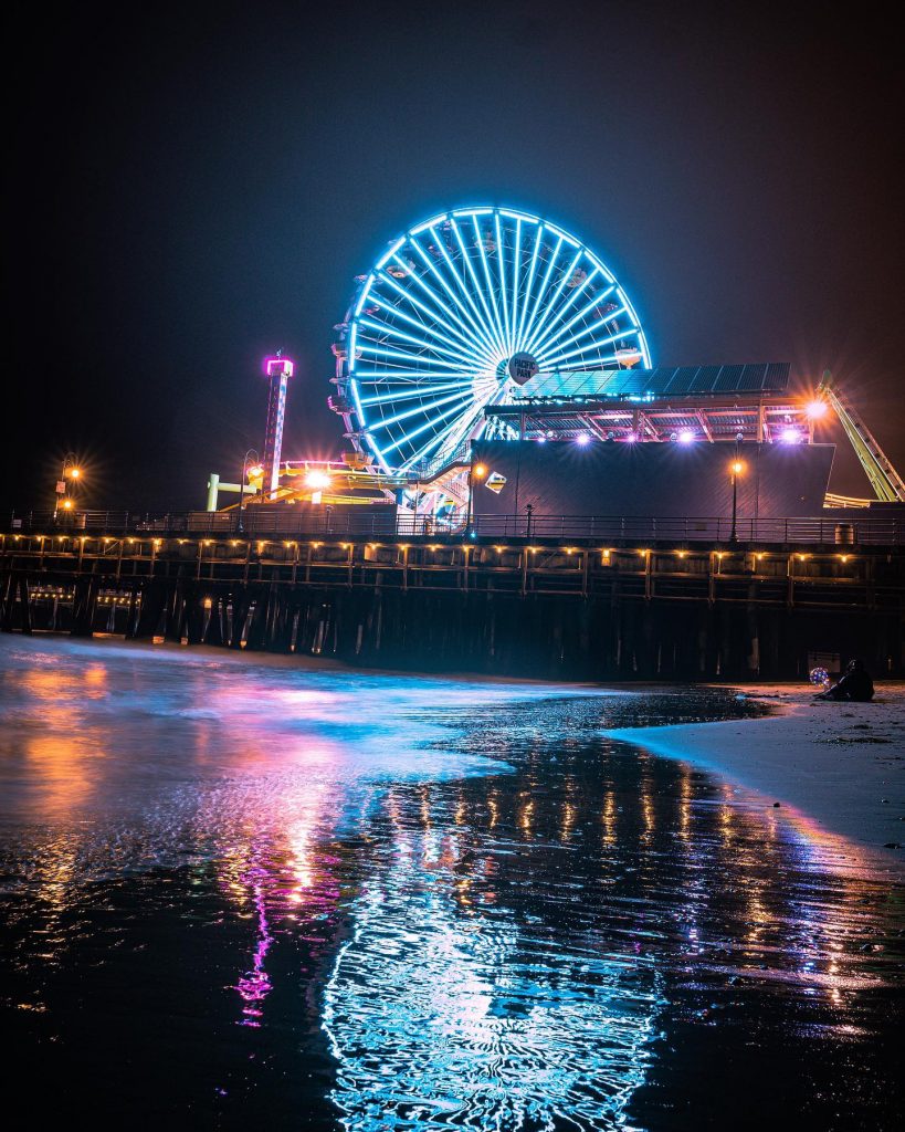 The Santa Monica Pier Ferris wheel with blue lights