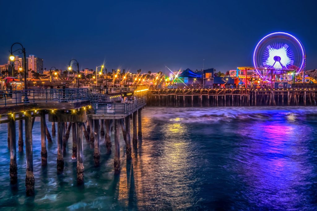 The Santa Monica Pier and Ferris Wheel at night