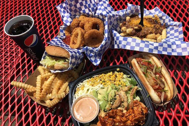 Burger, salad, hot dog and fries from Beach Burger on the Santa Monica Pier