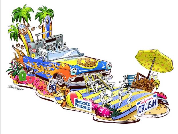 A vintage automobile emblazoned with flames and pretzels is depicted on Wetzel's Pretzels Rose Bowl Parade Float