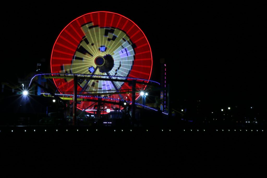A cute tiger is depicted in lights on the Ferris wheel at the Santa Monica Pier for Chinese New Year 2021