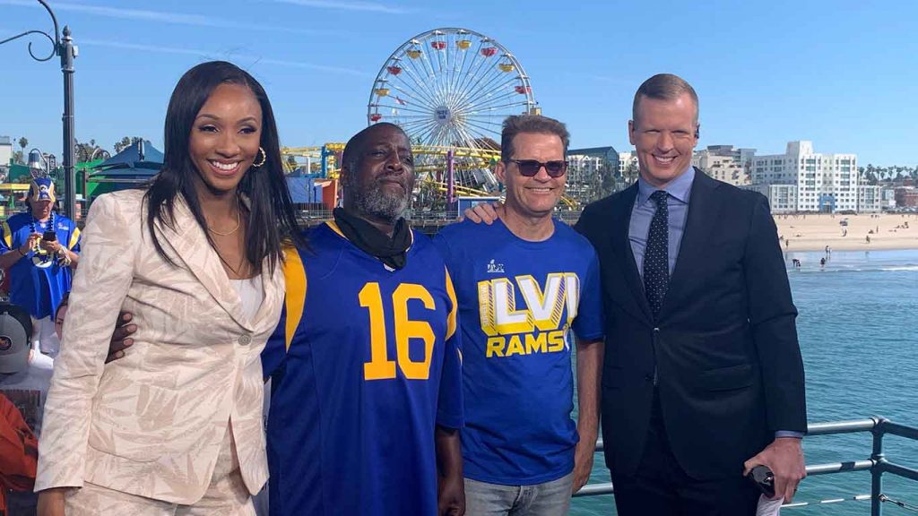 Super Bowl 56 pregame broadcast from the santa monica pier with hosts Maria Taylor and Chris Simms
