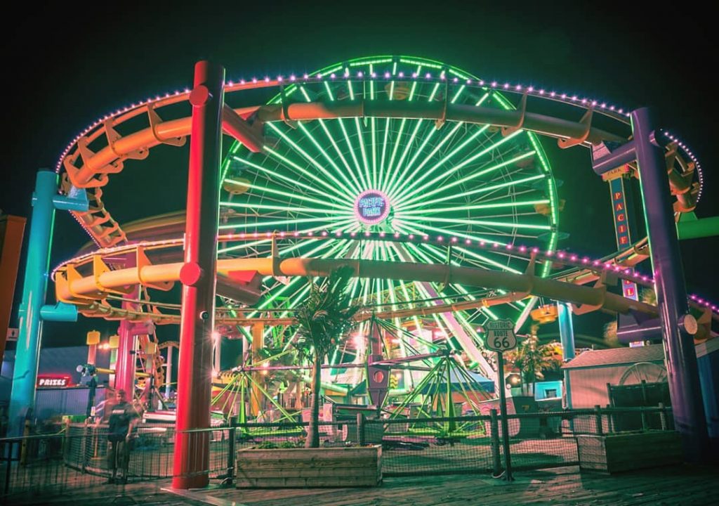 the santa monica pacific wheel lit green for earth day