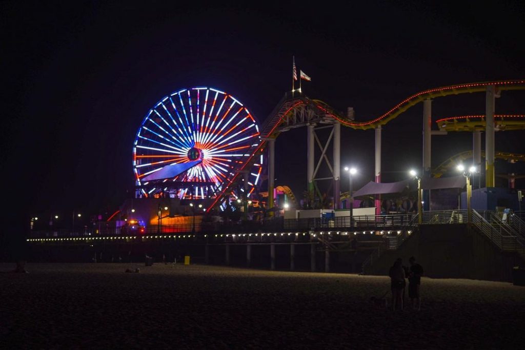 american flag on the pacific wheel at the santa monica pier
