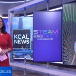 KCAL News broadcast news room featuring images of Pacific Park's world-famous Pacific Wheel