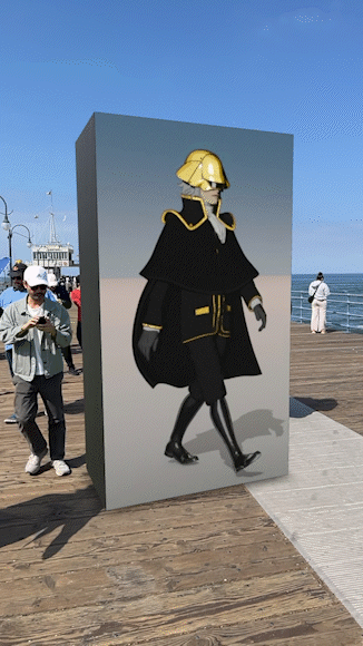 Daft Punk SnapChat Filter at the Santa Monica Pier showing a walking figure from the Daft Punk album 'Random Access Memories'
