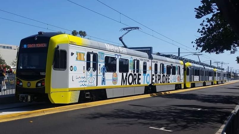 A light rail train heading to Santa Monica, CA from Hollywood in Los Angeles