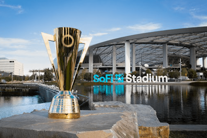 The metalic, golden Concacaf Gold Cup Trophy seen in front of SoFi Stadium