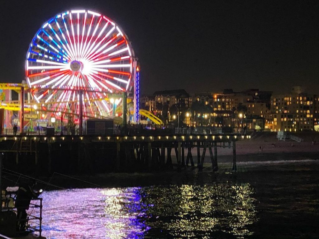 The Pacific Wheel on the Santa Monica Pier lit in red, white, and blue.