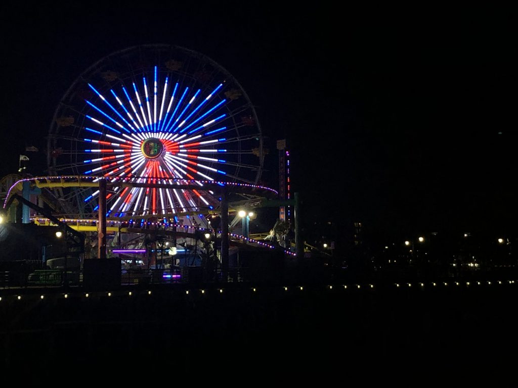 The NFL sheild displayed in lights on the Pacific Wheel Ferris wheel in Santa Monica, CA