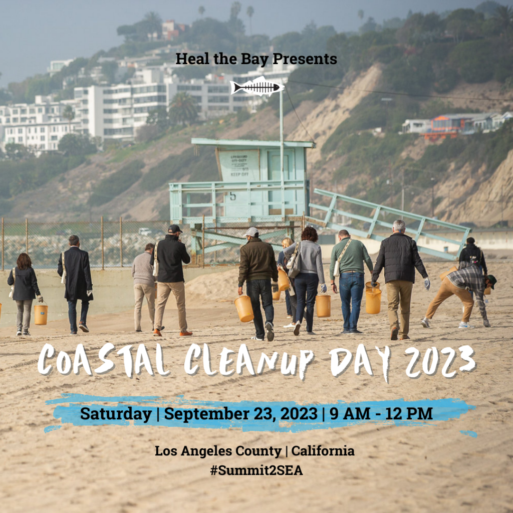 Event flier reads: Coastal Clean Up Day | Saturday, September 23, 2023 | Los Angeles County, CA | #Summit2SEA