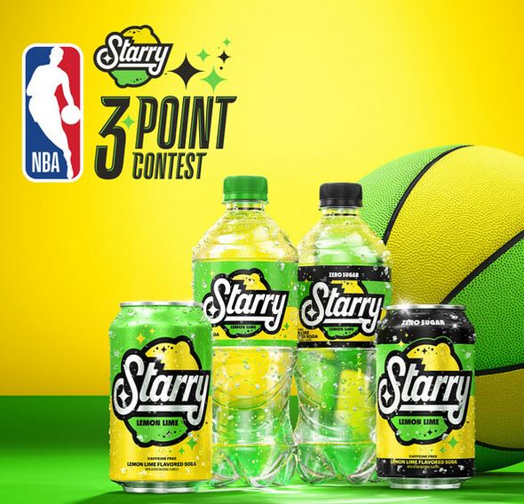 Starry sodas in cans and bottles depicted in bright green and Yellow - text reads 'NBA + Starry 3-Point Contest'