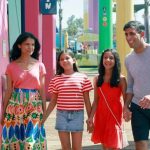 British Prime Minister, Rishi Sunak, walks with his wife and two daughters along the pier in Santa Monica