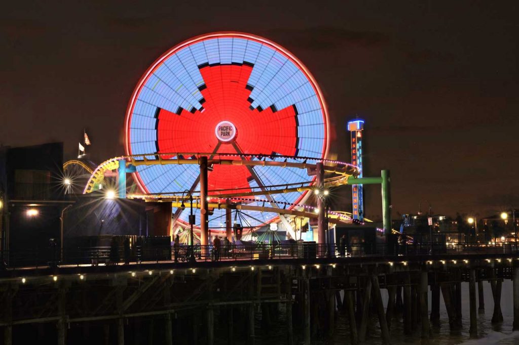 The American Red Cross displayed in lights on the Pacific Wheel
